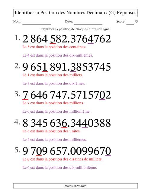 Identifier la position, des Nombres Décimaux de Dix-Millionième aux Millions (Gros Caractères), Format SI (G) page 2