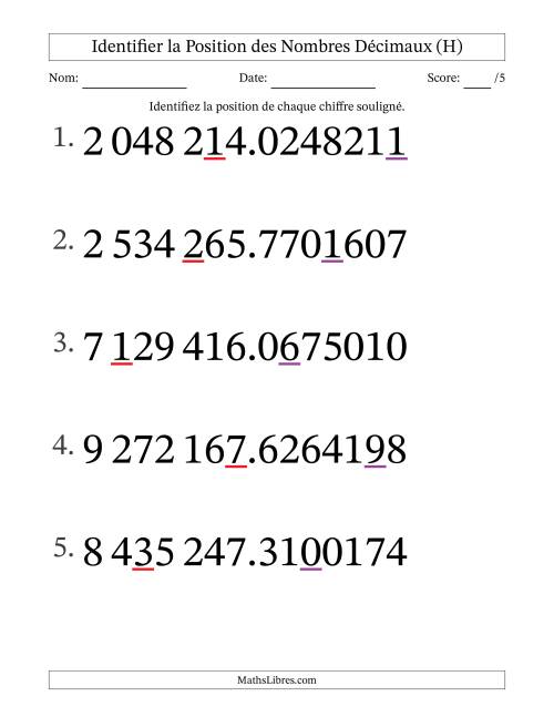 Identifier la position, des Nombres Décimaux de Dix-Millionième aux Millions (Gros Caractères), Format SI (H)