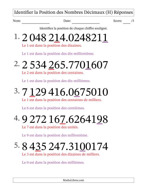 Identifier la position, des Nombres Décimaux de Dix-Millionième aux Millions (Gros Caractères), Format SI (H) page 2