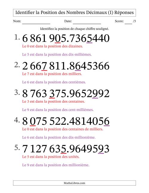 Identifier la position, des Nombres Décimaux de Dix-Millionième aux Millions (Gros Caractères), Format SI (I) page 2