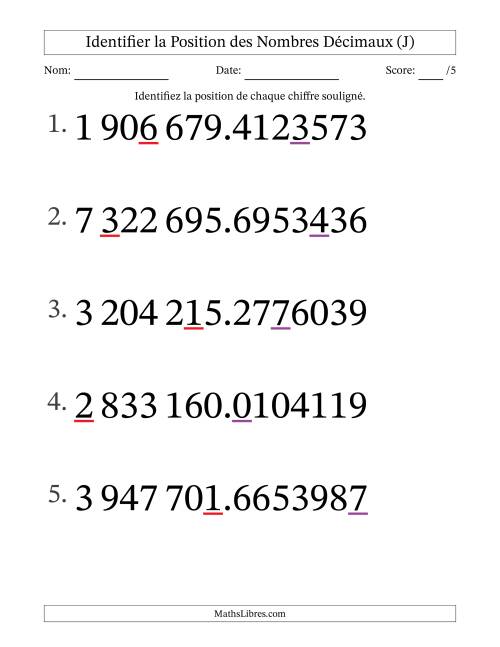 Identifier la position, des Nombres Décimaux de Dix-Millionième aux Millions (Gros Caractères), Format SI (J)