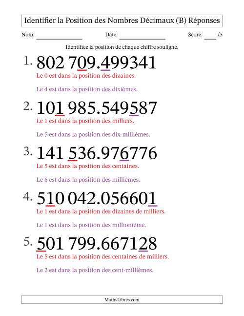 Identifier la position, des Nombres Décimaux de Millionième aux Centaines De Milliers (Gros Caractères), Format SI (B) page 2