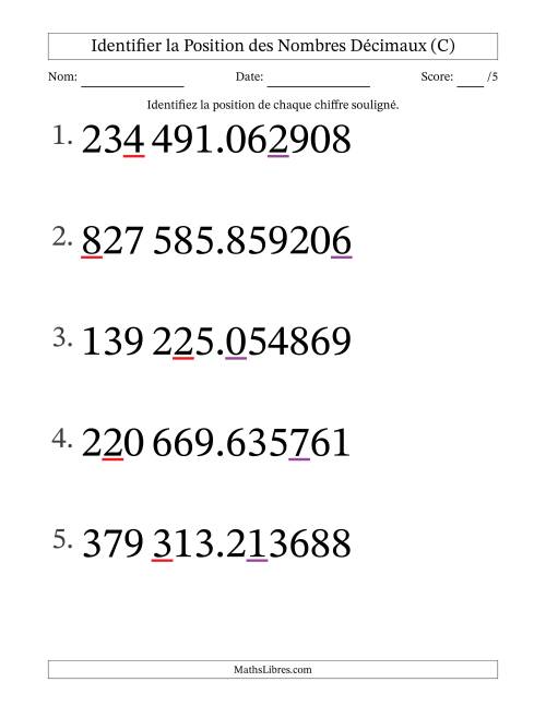 Identifier la position, des Nombres Décimaux de Millionième aux Centaines De Milliers (Gros Caractères), Format SI (C)