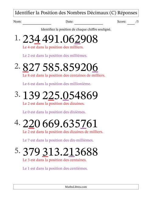 Identifier la position, des Nombres Décimaux de Millionième aux Centaines De Milliers (Gros Caractères), Format SI (C) page 2