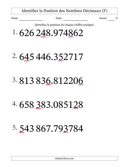 Identifier la position, des Nombres Décimaux de Millionième aux Centaines De Milliers (Gros Caractères), Format SI (F)