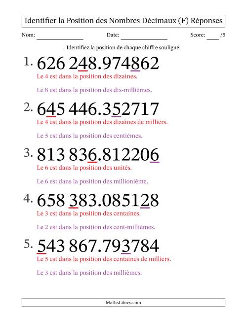 Identifier la position, des Nombres Décimaux de Millionième aux Centaines De Milliers (Gros Caractères), Format SI (F) page 2
