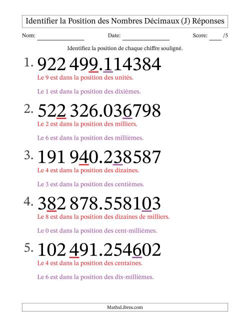 Identifier la position, des Nombres Décimaux de Millionième aux Centaines De Milliers (Gros Caractères), Format SI (J) page 2
