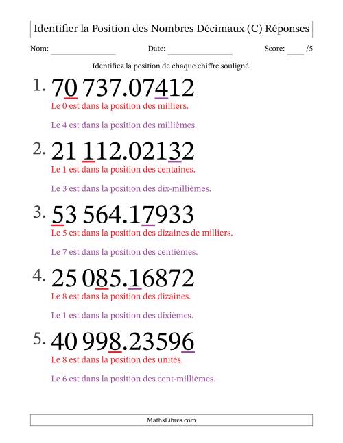 Identifier la position, des Nombres Décimaux de Cent-Millièmes aux Dizaines De Milliers (Gros Caractères), Format SI (C) page 2