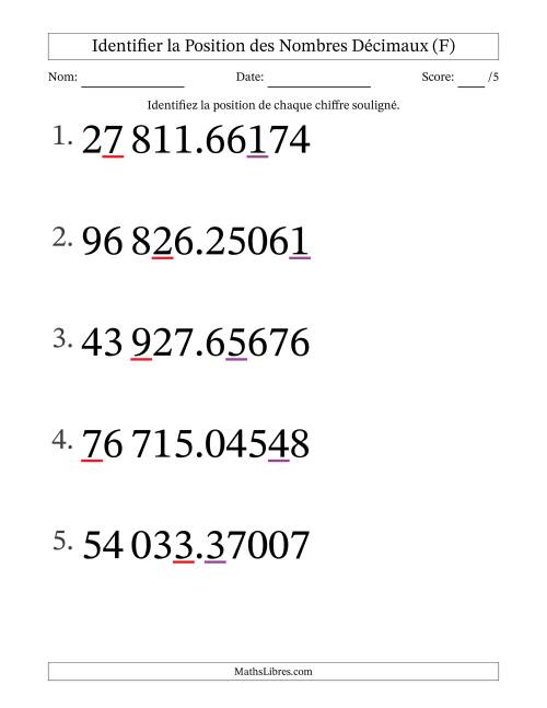 Identifier la position, des Nombres Décimaux de Cent-Millièmes aux Dizaines De Milliers (Gros Caractères), Format SI (F)