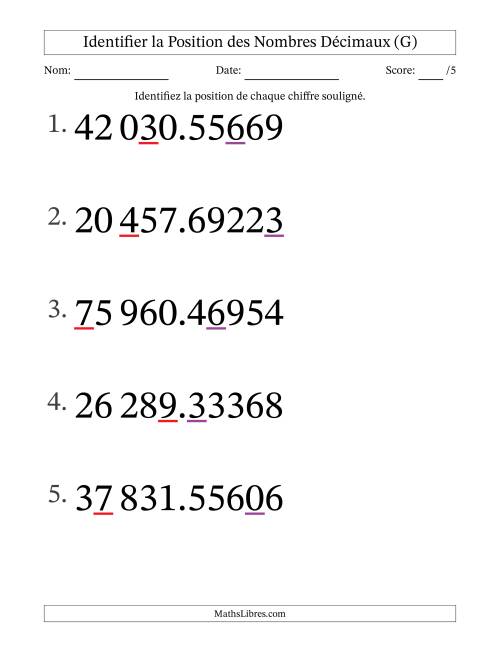 Identifier la position, des Nombres Décimaux de Cent-Millièmes aux Dizaines De Milliers (Gros Caractères), Format SI (G)