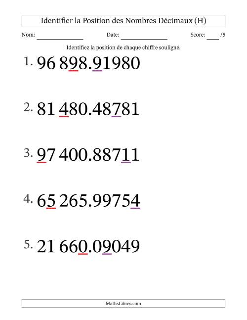 Identifier la position, des Nombres Décimaux de Cent-Millièmes aux Dizaines De Milliers (Gros Caractères), Format SI (H)