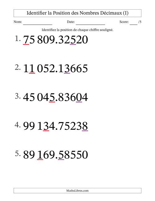 Identifier la position, des Nombres Décimaux de Cent-Millièmes aux Dizaines De Milliers (Gros Caractères), Format SI (I)