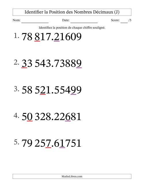 Identifier la position, des Nombres Décimaux de Cent-Millièmes aux Dizaines De Milliers (Gros Caractères), Format SI (J)