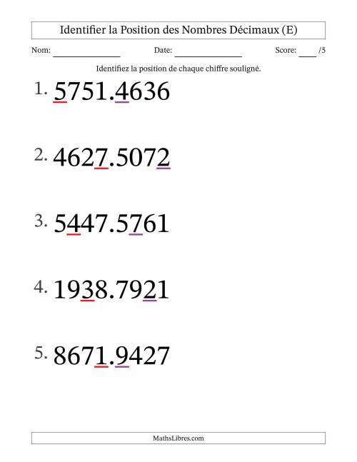 Identifier la position, des Nombres Décimaux de Dix-Millièmes aux Milliers (Gros Caractères), Format SI (E)