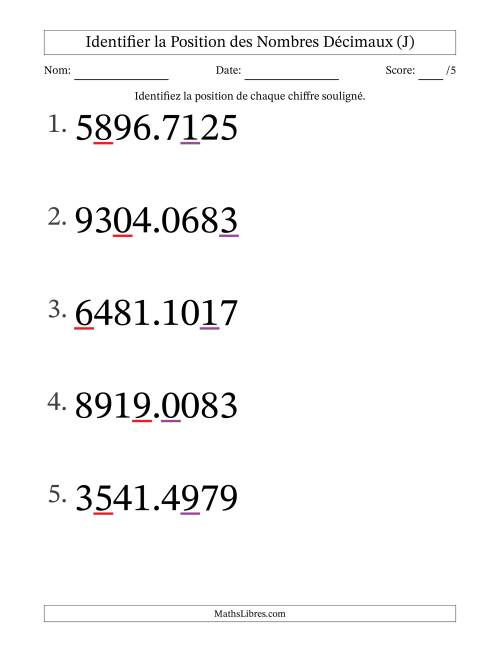 Identifier la position, des Nombres Décimaux de Dix-Millièmes aux Milliers (Gros Caractères), Format SI (J)