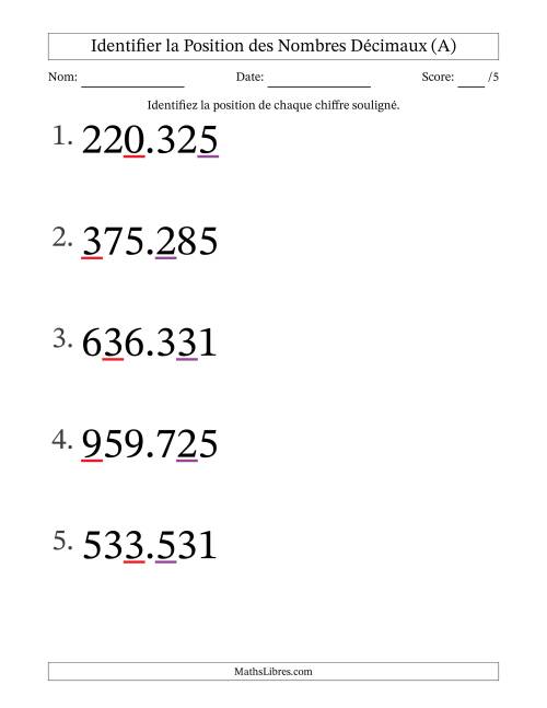 Identifier la position, des Nombres Décimaux de Millièmes aux Centaines (Gros Caractères), Format SI (A)