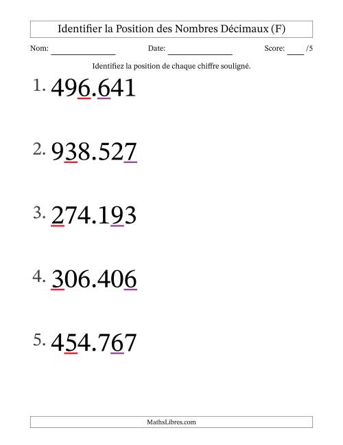 Identifier la position, des Nombres Décimaux de Millièmes aux Centaines (Gros Caractères), Format SI (F)