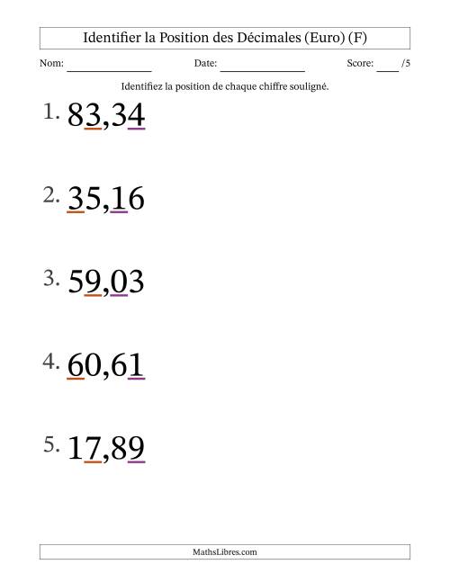 Identifier la position, des Nombres Décimaux de Centièmes aux Dizaines (Gros Caractères), Format Euro (F)