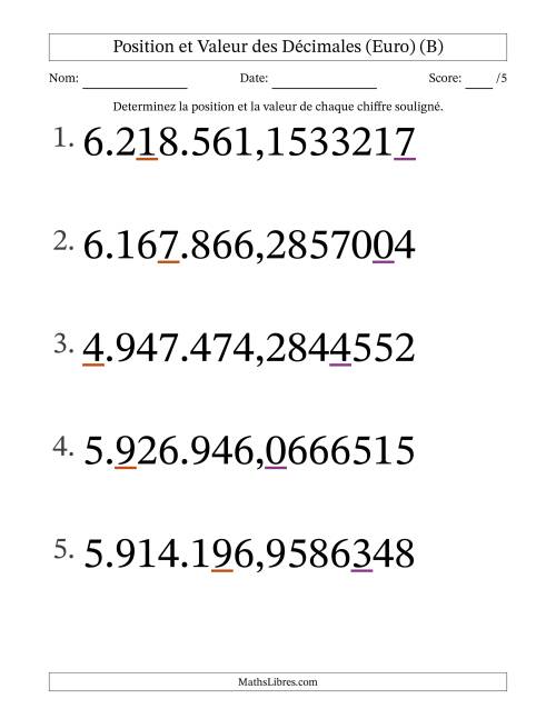 Determiner la position et la valeur des Nombres Décimaux de Dix-Millionième aux Millions (Gros Caractères), Format Euro (B)