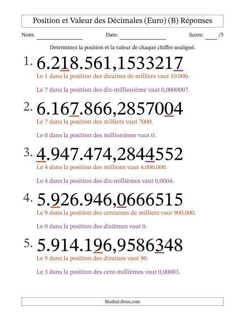 Determiner la position et la valeur des Nombres Décimaux de Dix-Millionième aux Millions (Gros Caractères), Format Euro (B) page 2
