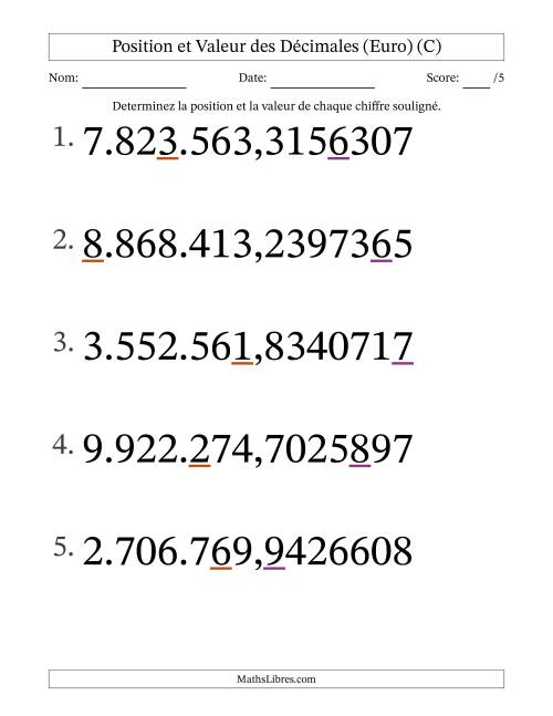 Determiner la position et la valeur des Nombres Décimaux de Dix-Millionième aux Millions (Gros Caractères), Format Euro (C)