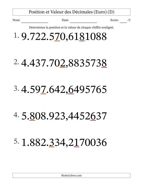 Determiner la position et la valeur des Nombres Décimaux de Dix-Millionième aux Millions (Gros Caractères), Format Euro (D)