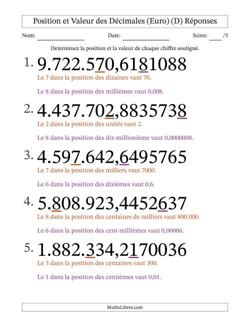 Determiner la position et la valeur des Nombres Décimaux de Dix-Millionième aux Millions (Gros Caractères), Format Euro (D) page 2