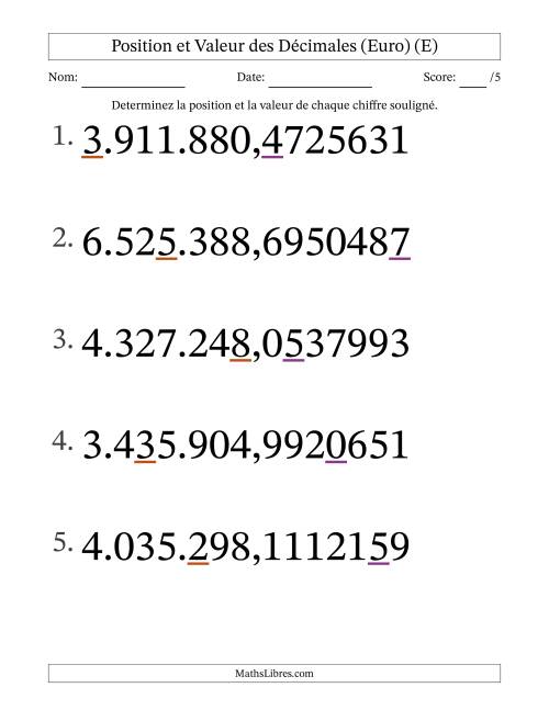 Determiner la position et la valeur des Nombres Décimaux de Dix-Millionième aux Millions (Gros Caractères), Format Euro (E)