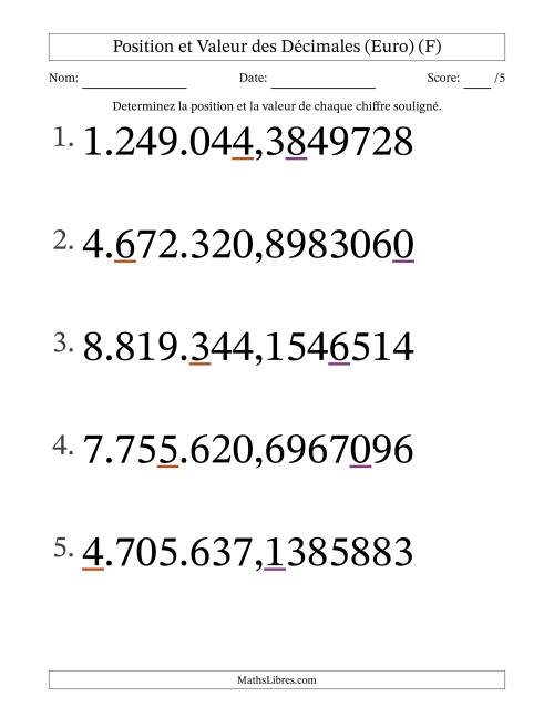Determiner la position et la valeur des Nombres Décimaux de Dix-Millionième aux Millions (Gros Caractères), Format Euro (F)