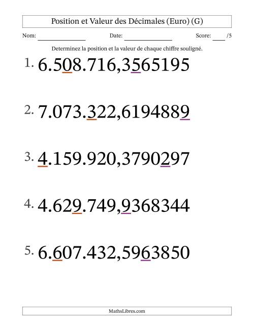 Determiner la position et la valeur des Nombres Décimaux de Dix-Millionième aux Millions (Gros Caractères), Format Euro (G)