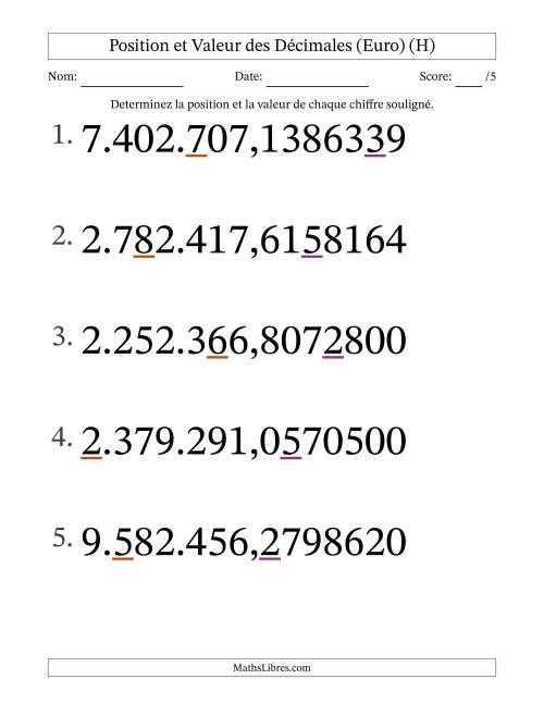 Determiner la position et la valeur des Nombres Décimaux de Dix-Millionième aux Millions (Gros Caractères), Format Euro (H)