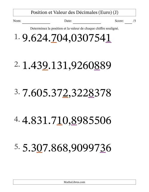 Determiner la position et la valeur des Nombres Décimaux de Dix-Millionième aux Millions (Gros Caractères), Format Euro (J)