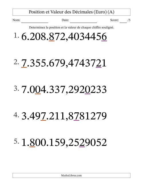 Determiner la position et la valeur des Nombres Décimaux de Dix-Millionième aux Millions (Gros Caractères), Format Euro (Tout)