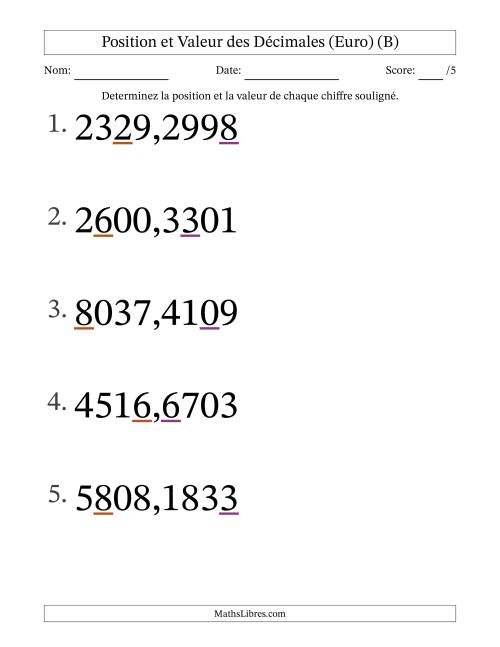Determiner la position et la valeur des Nombres Décimaux de Dix-Millièmes aux Milliers (Gros Caractères), Format Euro (B)