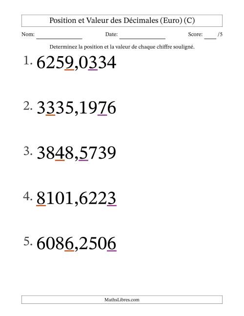 Determiner la position et la valeur des Nombres Décimaux de Dix-Millièmes aux Milliers (Gros Caractères), Format Euro (C)