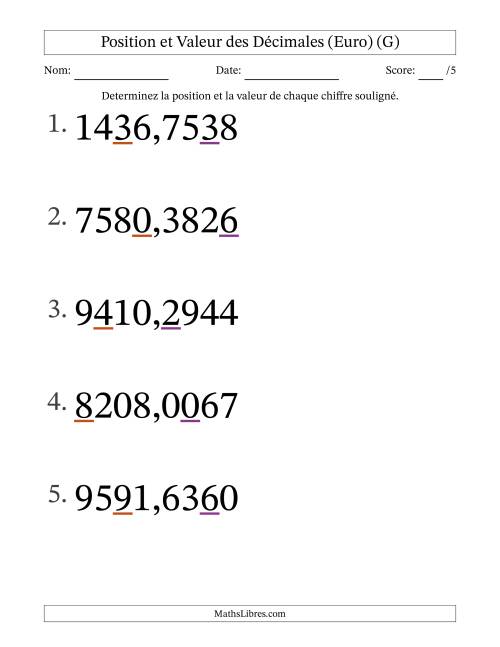 Determiner la position et la valeur des Nombres Décimaux de Dix-Millièmes aux Milliers (Gros Caractères), Format Euro (G)