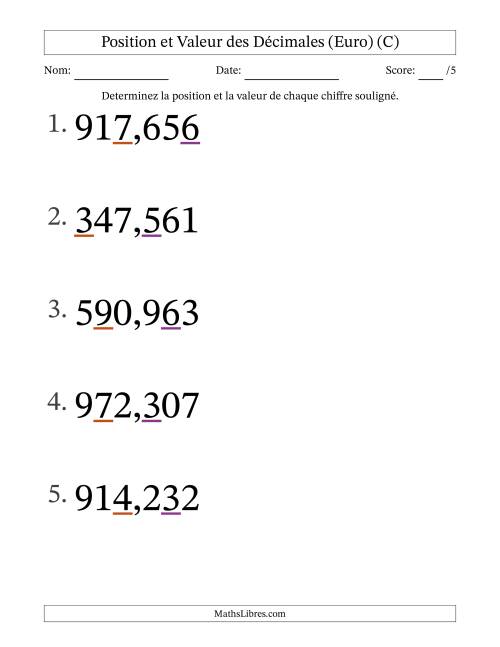 Determiner la position et la valeur des Nombres Décimaux de Millièmes aux Centaines (Gros Caractères), Format Euro (C)
