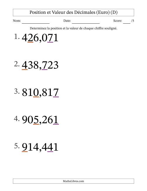 Determiner la position et la valeur des Nombres Décimaux de Millièmes aux Centaines (Gros Caractères), Format Euro (D)