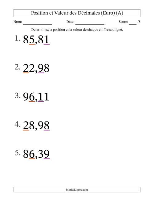Determiner la position et la valeur des Nombres Décimaux de Centièmes aux Dizaines (Gros Caractères), Format Euro (A)