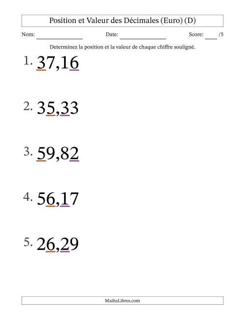 Determiner la position et la valeur des Nombres Décimaux de Centièmes aux Dizaines (Gros Caractères), Format Euro (D)