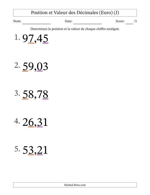 Determiner la position et la valeur des Nombres Décimaux de Centièmes aux Dizaines (Gros Caractères), Format Euro (J)